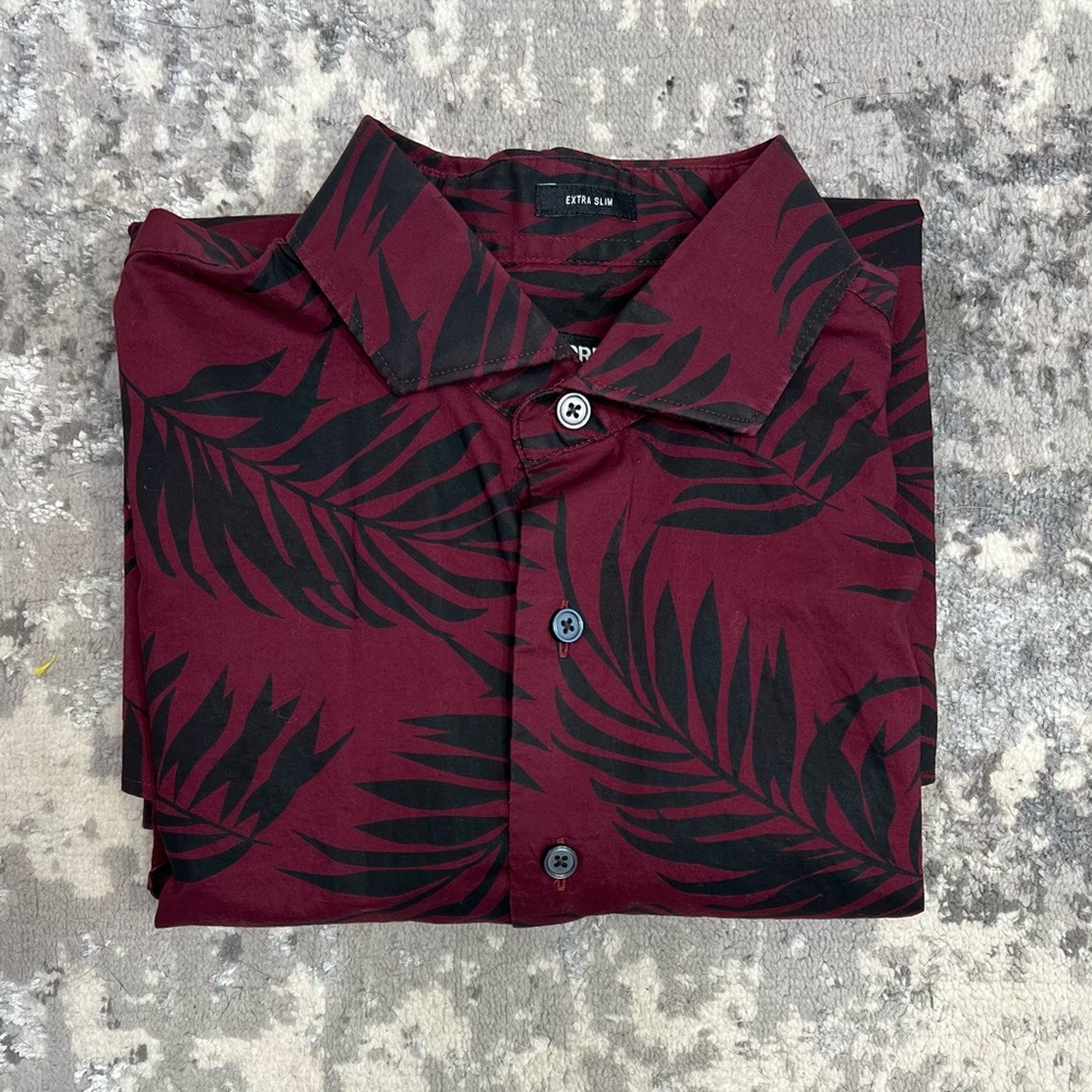 Express extra slim small button down black/red fern print
